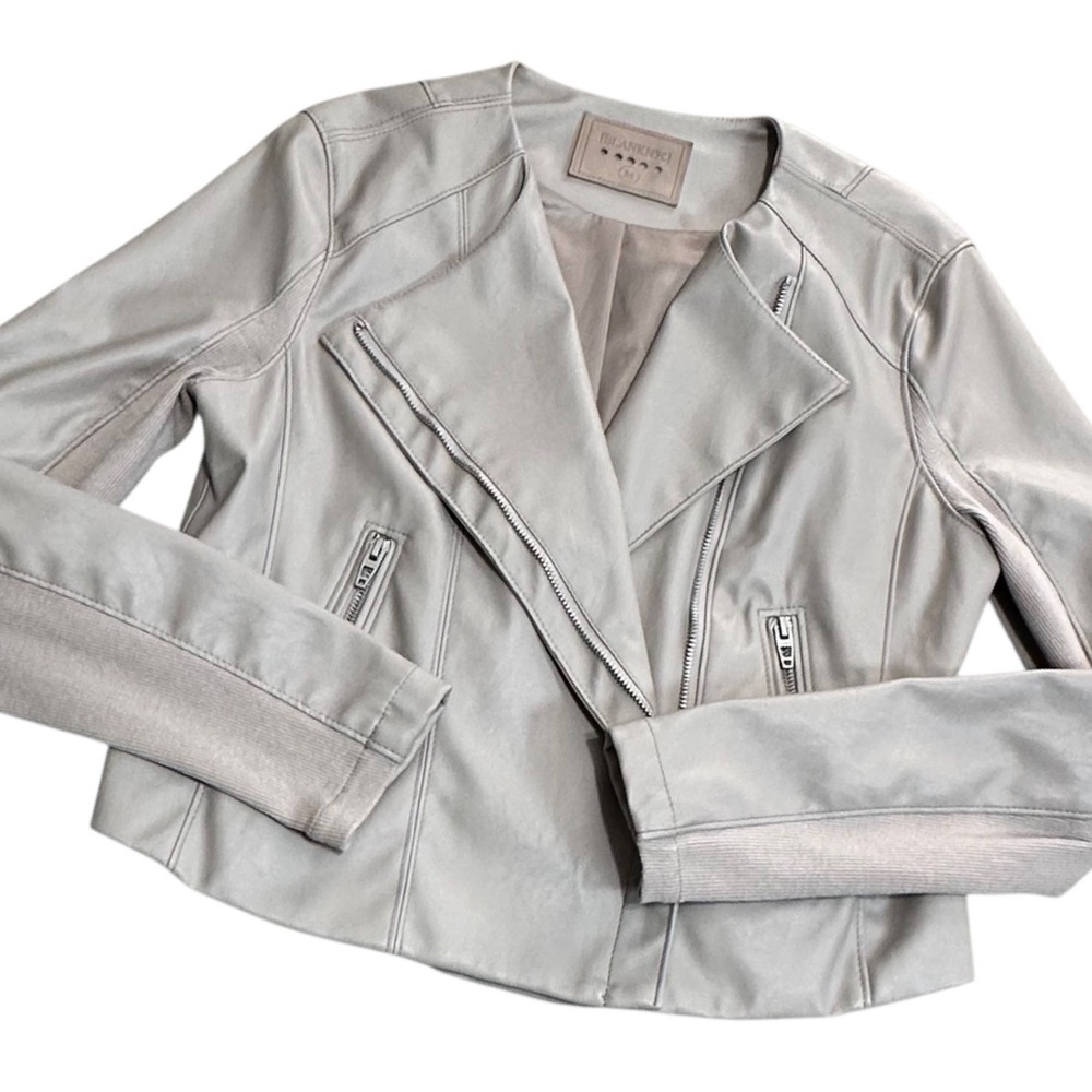 BLANK NYC Bomber Jacket Womens Medium Oatmeal Faux Leather Night Out Asymmetric